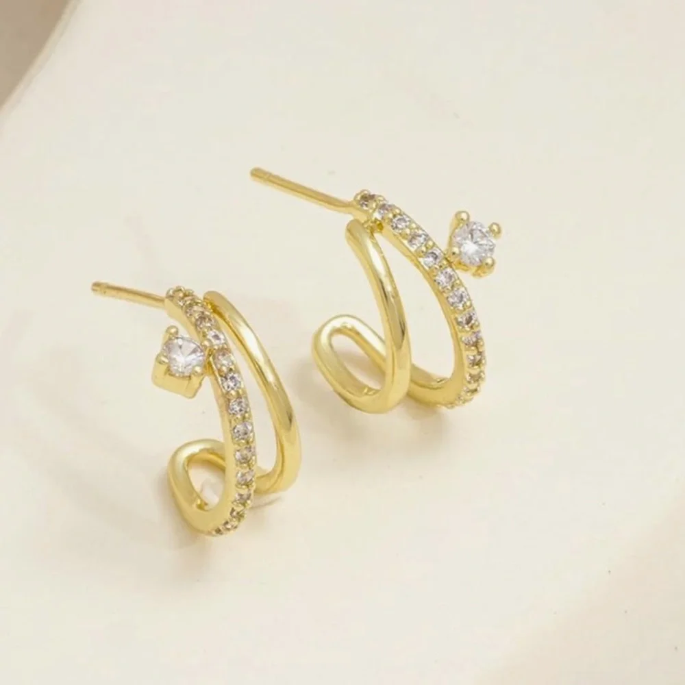 14k Gold CZ Illusion Triple Piercing Dainty Hoops and Stud Earrings - Picture 6 of 6